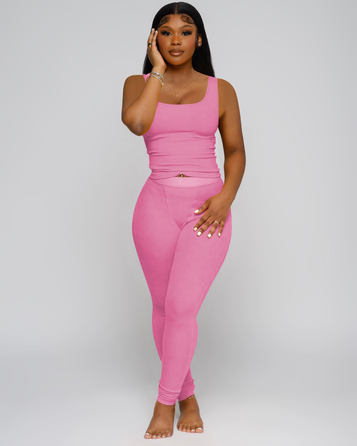 OFFBRACE Women’s Ribbed Crop Tank Top & High Waist Yoga Leggings 2 Piece Workout Set