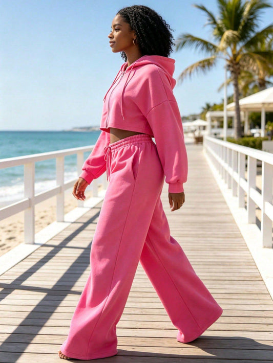 Women's 2 Piece Sweat Suit Set, Cropped Zip Up Hoodie & Wide Leg Sweatpants, Fall Clothes for Women, Back To School, Daily Lounge, Workout Outfit