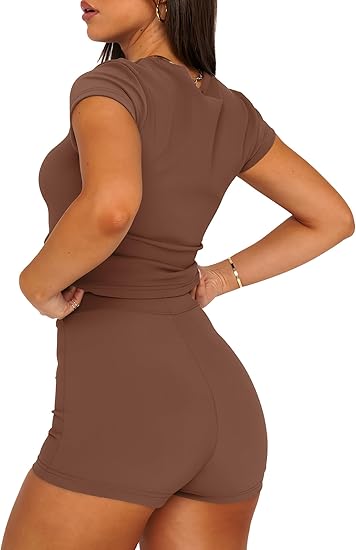 Women's Solid High Stretch Short Sleeve Top & Shorts 2 Piece Set for Yoga, Workout & Outdoor Activities