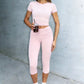 OFFBRACE Women’s Fitted Short Sleeve T-Shirt & Ruched Cropped Pants 2 Piece Casual Set