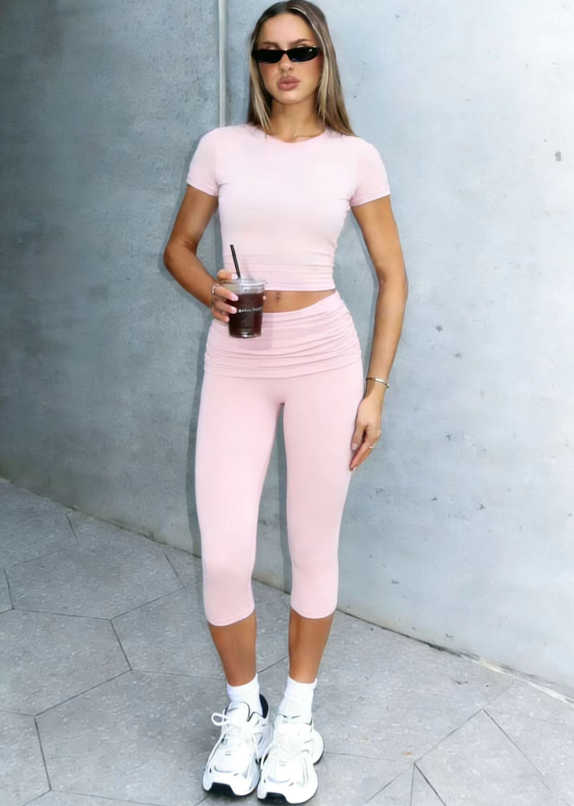 OFFBRACE Women’s Fitted Short Sleeve T-Shirt & Ruched Cropped Pants 2 Piece Casual Set