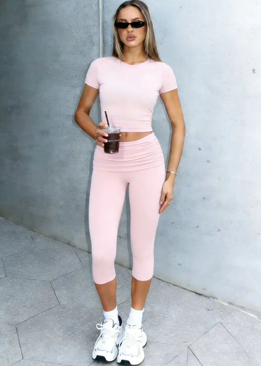 OFFBRACE Women’s Fitted Short Sleeve T-Shirt & Ruched Cropped Pants 2 Piece Casual Set
