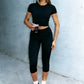 OFFBRACE Women’s Fitted Short Sleeve T-Shirt & Ruched Cropped Pants 2 Piece Casual Set