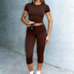 OFFBRACE Women’s Fitted Short Sleeve T-Shirt & Ruched Cropped Pants 2 Piece Casual Set