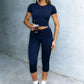 OFFBRACE Women’s Fitted Short Sleeve T-Shirt & Ruched Cropped Pants 2 Piece Casual Set