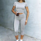 OFFBRACE Women’s Fitted Short Sleeve T-Shirt & Ruched Cropped Pants 2 Piece Casual Set