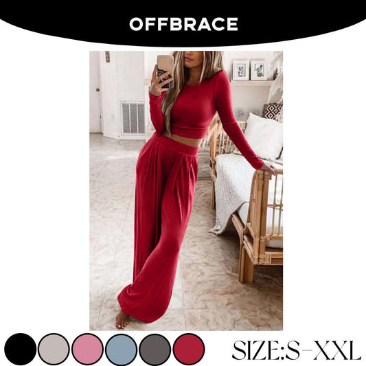 OFFBRACE Women's 2PCS Solid Color Knitted Casual Long-sleeved Long Pants Set