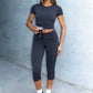 OFFBRACE Women’s Fitted Short Sleeve T-Shirt & Ruched Cropped Pants 2 Piece Casual Set