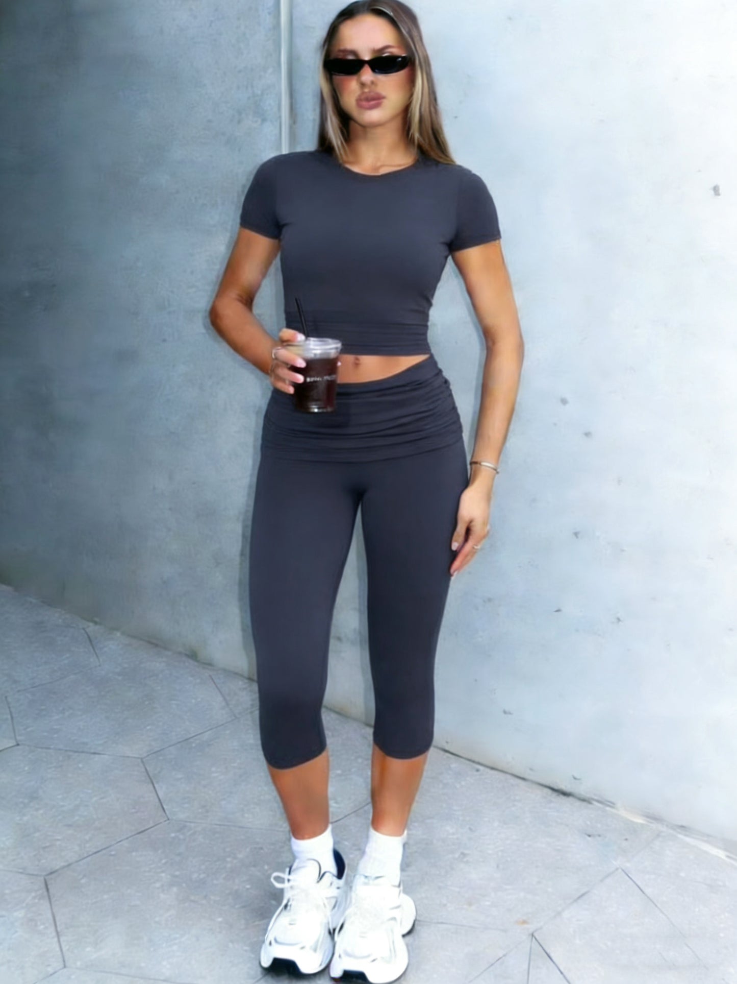 OFFBRACE Women’s Fitted Short Sleeve T-Shirt & Ruched Cropped Pants 2 Piece Casual Set