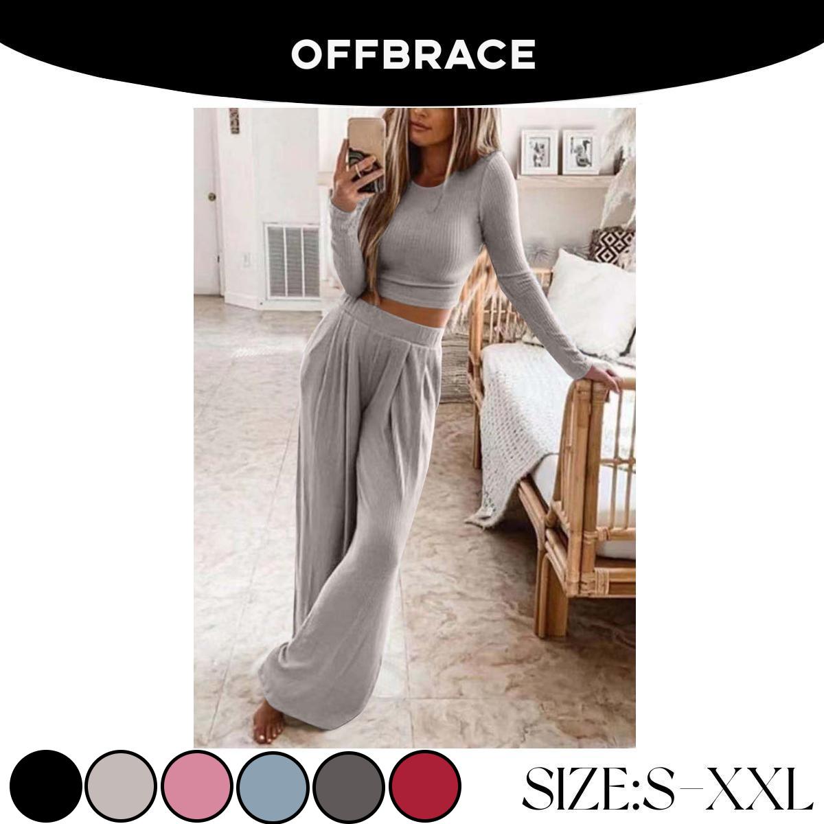 OFFBRACE Women's 2PCS Solid Color Knitted Casual Long-sleeved Long Pants Set