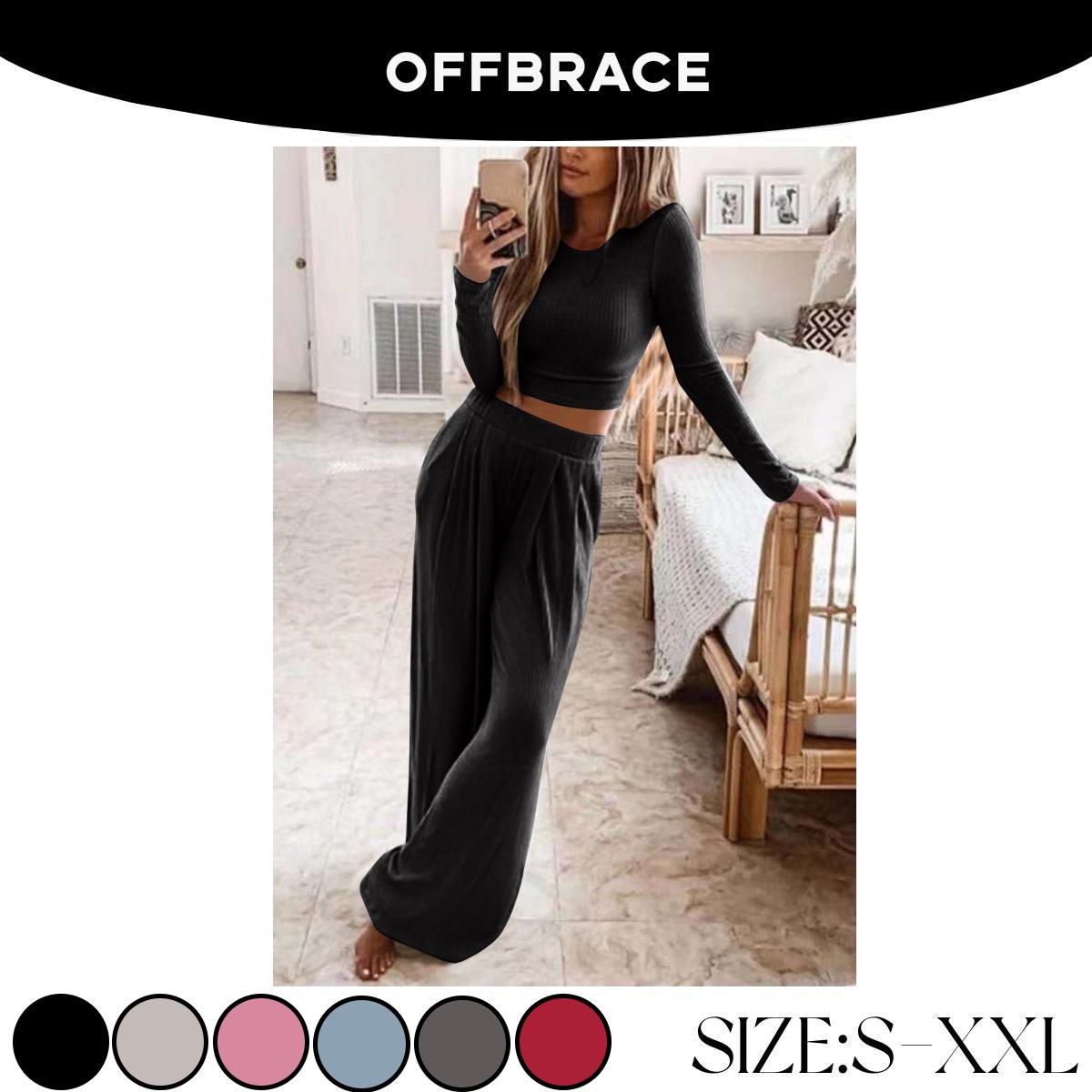 OFFBRACE Women's 2PCS Solid Color Knitted Casual Long-sleeved Long Pants Set