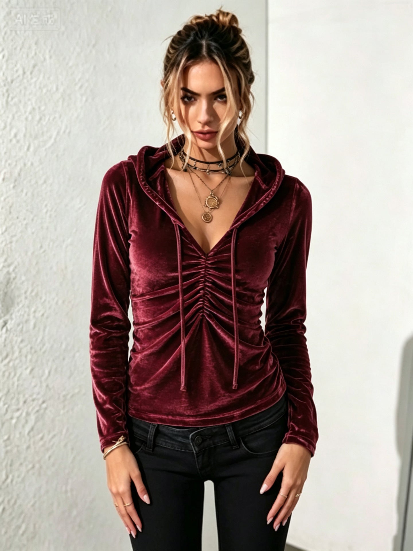Women’s Velvet Hooded Drawstring Sweatshirt Ruched Long Sleeve Pullover Top