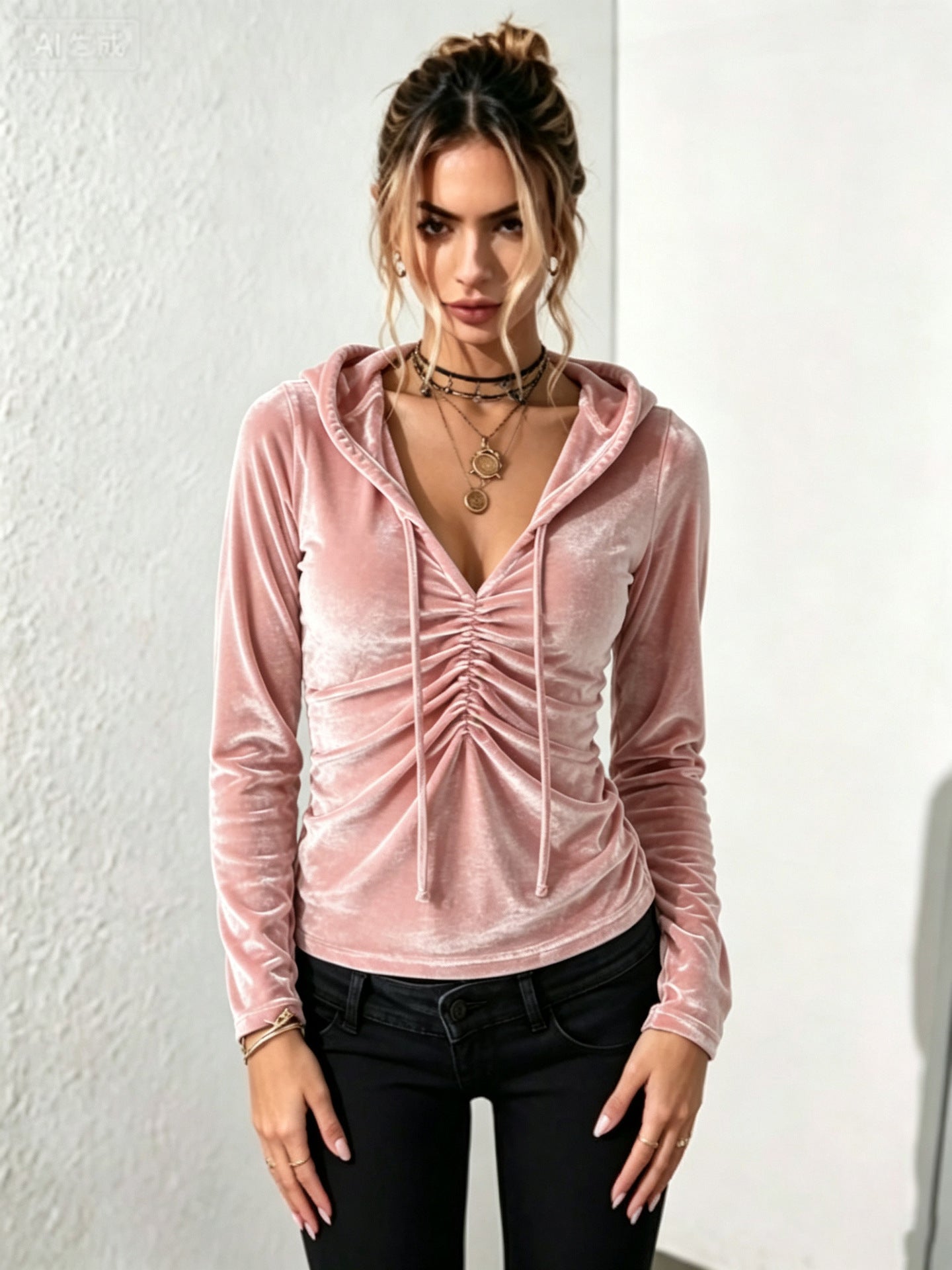 Women’s Velvet Hooded Drawstring Sweatshirt Ruched Long Sleeve Pullover Top