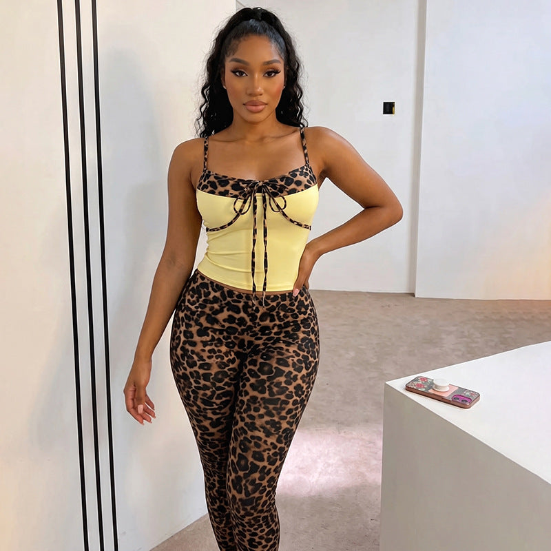 OFFBRACE Women’s Sexy Leopard Print 2 Piece Set – Waist-Cinching Cami Top & Slim-Fit Knee-Length Shorts