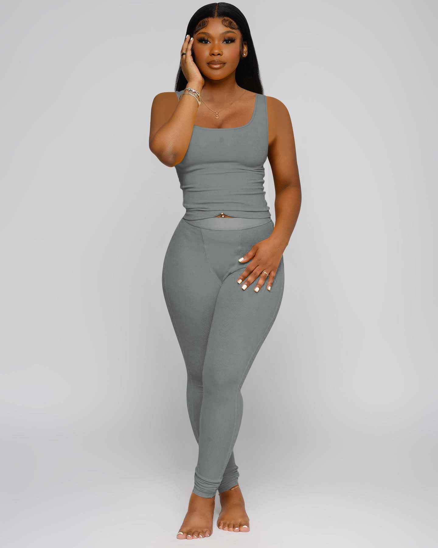 OFFBRACE Women’s Ribbed Crop Tank Top & High Waist Yoga Leggings 2 Piece Workout Set