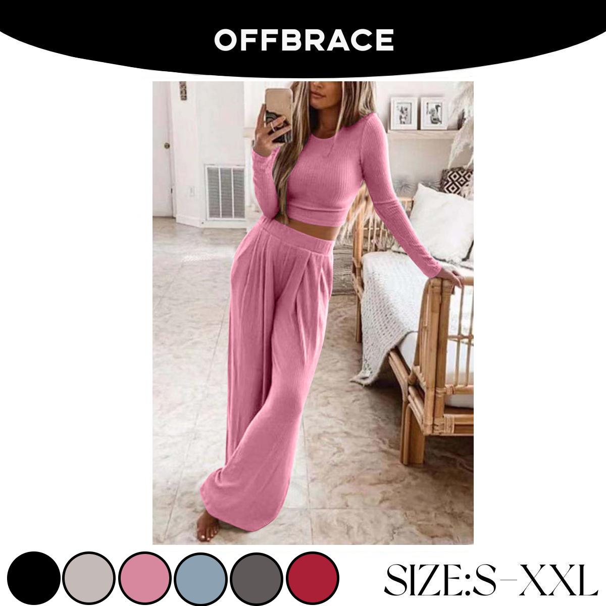 OFFBRACE Women's 2PCS Solid Color Knitted Casual Long-sleeved Long Pants Set