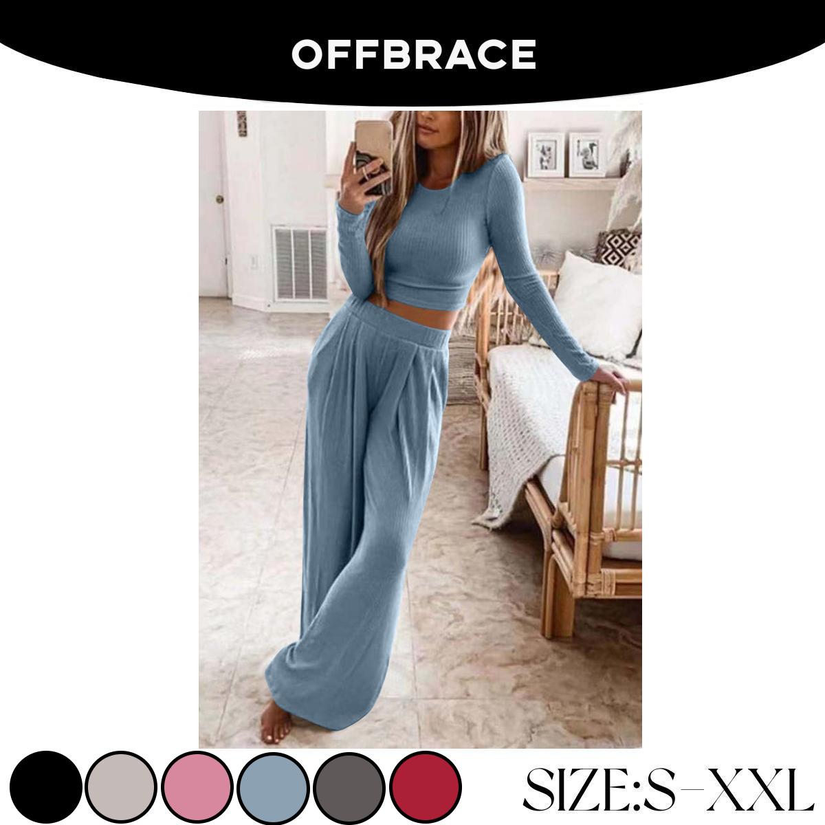 OFFBRACE Women's 2PCS Solid Color Knitted Casual Long-sleeved Long Pants Set