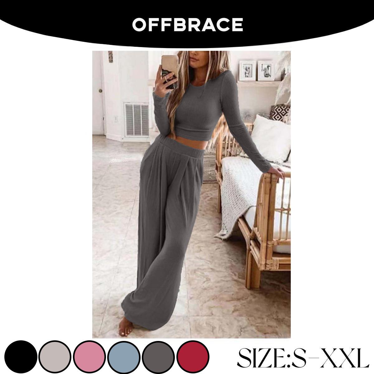 OFFBRACE Women's 2PCS Solid Color Knitted Casual Long-sleeved Long Pants Set