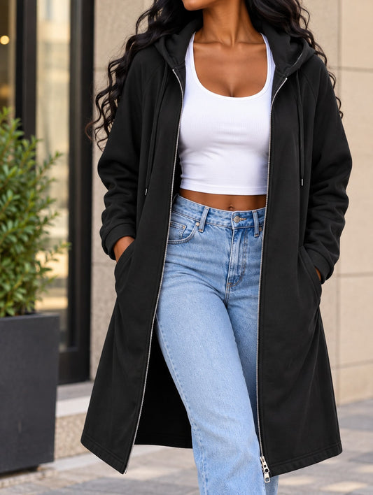 Women's Longline Zip Up Hoodie Sweatshirt Jacket with Pockets, Solid Long Sleeve Casual Fall Outerwear for Travel, Outdoor & Daily Wear