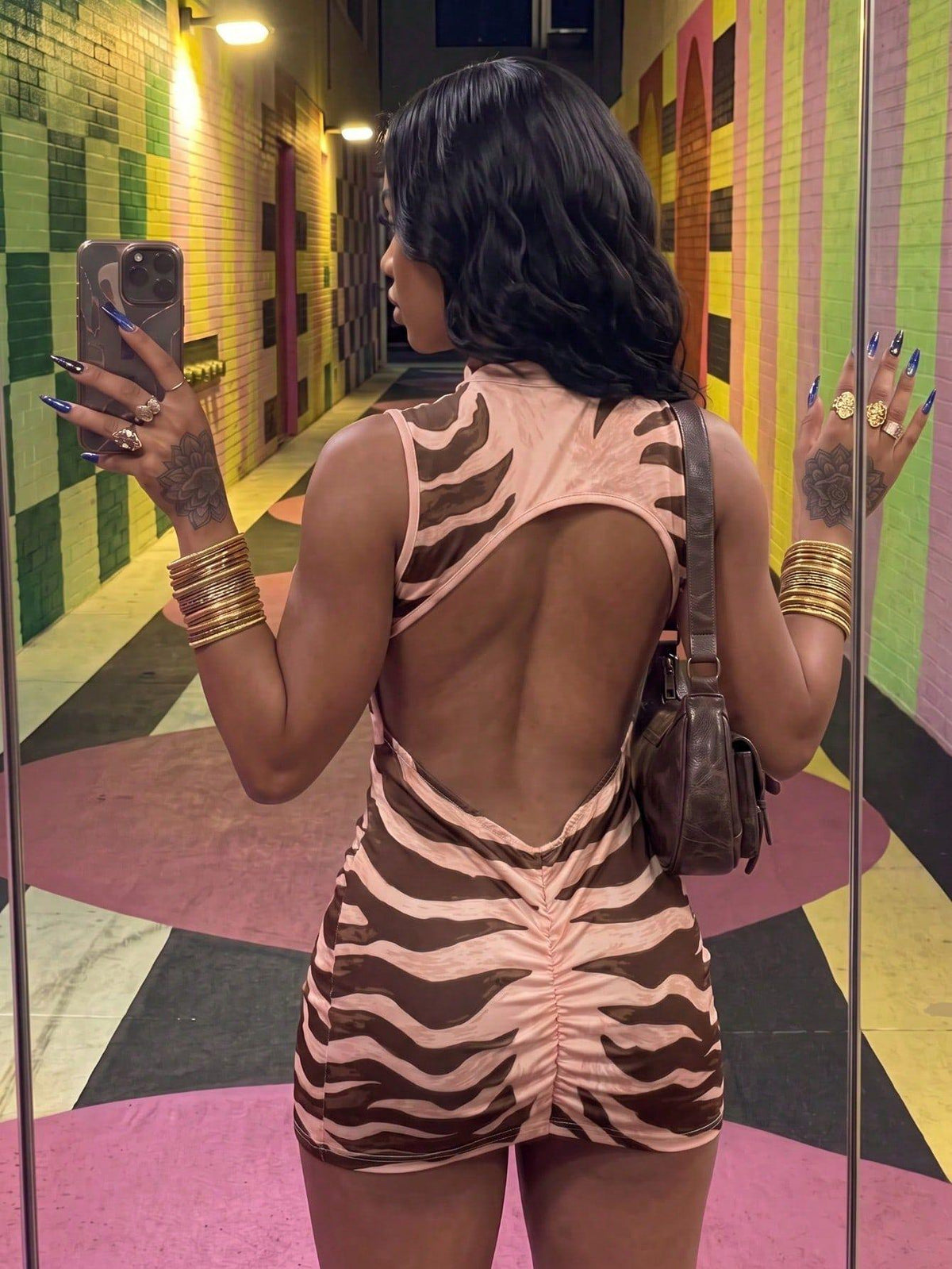 Women's Wild Tiger Print Waist‑Cinching Cut‑Out Backless Mini Dress, Sleeveless Bodycon Sweet & Spicy Edgy Club Outfit for Date Night Cocktail Party