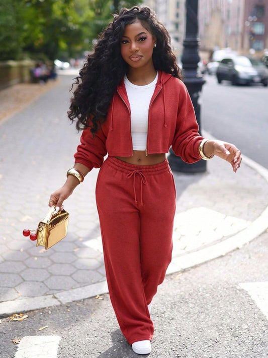 Women’s 2‑Piece Loungewear Set, Zip Up Cropped Hoodie & Drawstring Wide Leg Sweatpants, Casual Long Sleeve Sports Tracksuit for Daily Wear