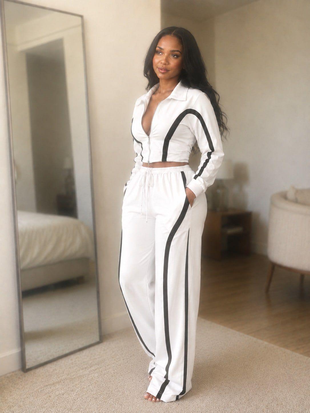 2Pcs Women's 2‑Piece Fall Fashion Tracksuit Set, Fitted Zip‑Up Long Sleeve Cropped Top Jacket & Matching Pants,Studio-To-Street Performance Outerwear