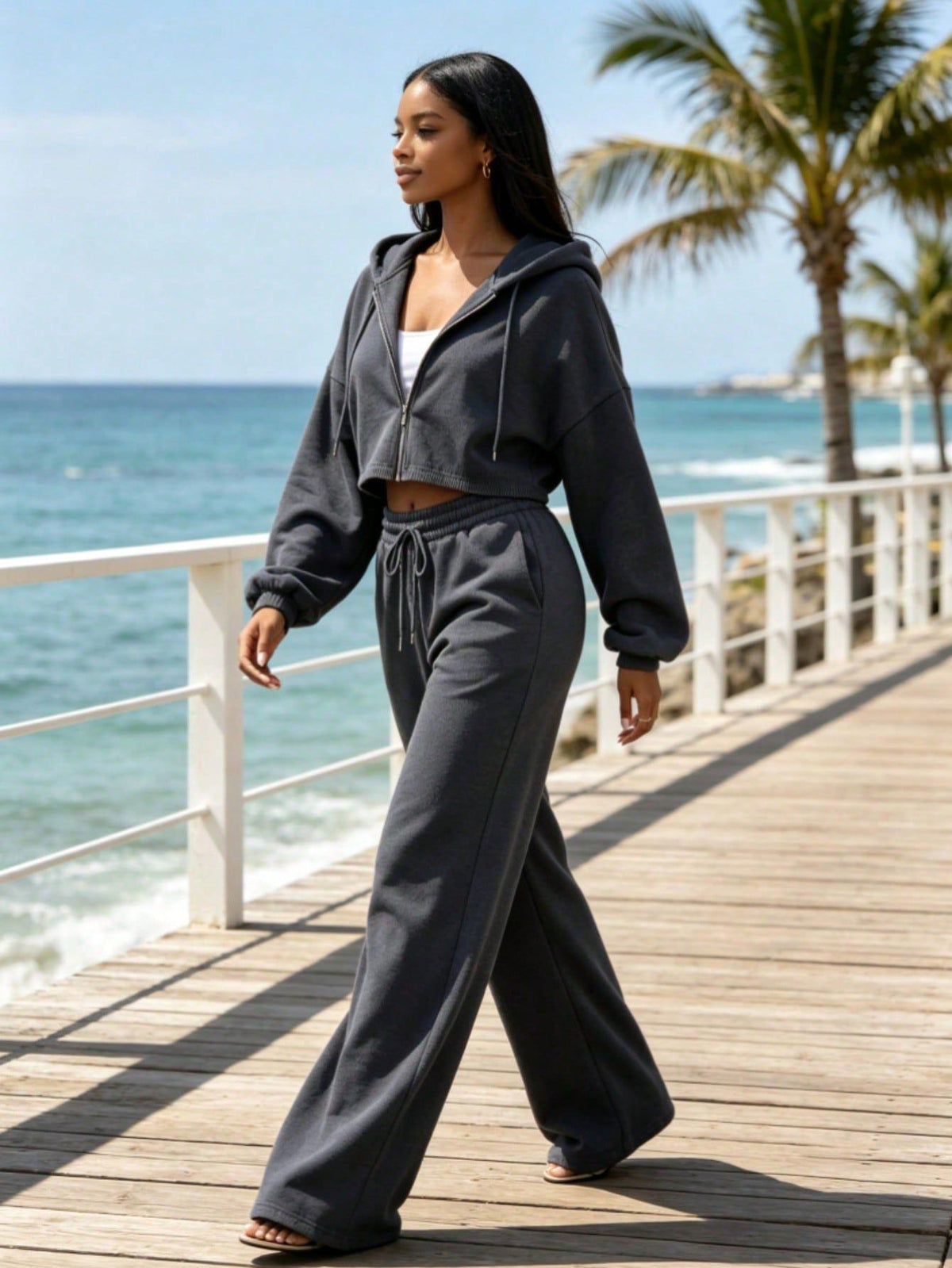 Women's 2 Piece Sweat Suit Set, Cropped Zip Up Hoodie & Wide Leg Sweatpants, Fall Clothes for Women, Back To School, Daily Lounge, Workout Outfit