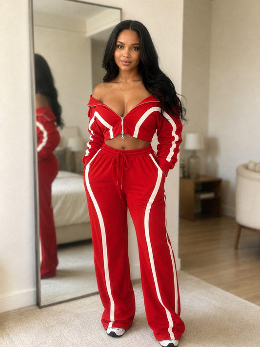 2Pcs Women's 2‑Piece Fall Fashion Tracksuit Set, Fitted Zip‑Up Long Sleeve Cropped Top Jacket & Matching Pants,Studio-To-Street Performance Outerwear