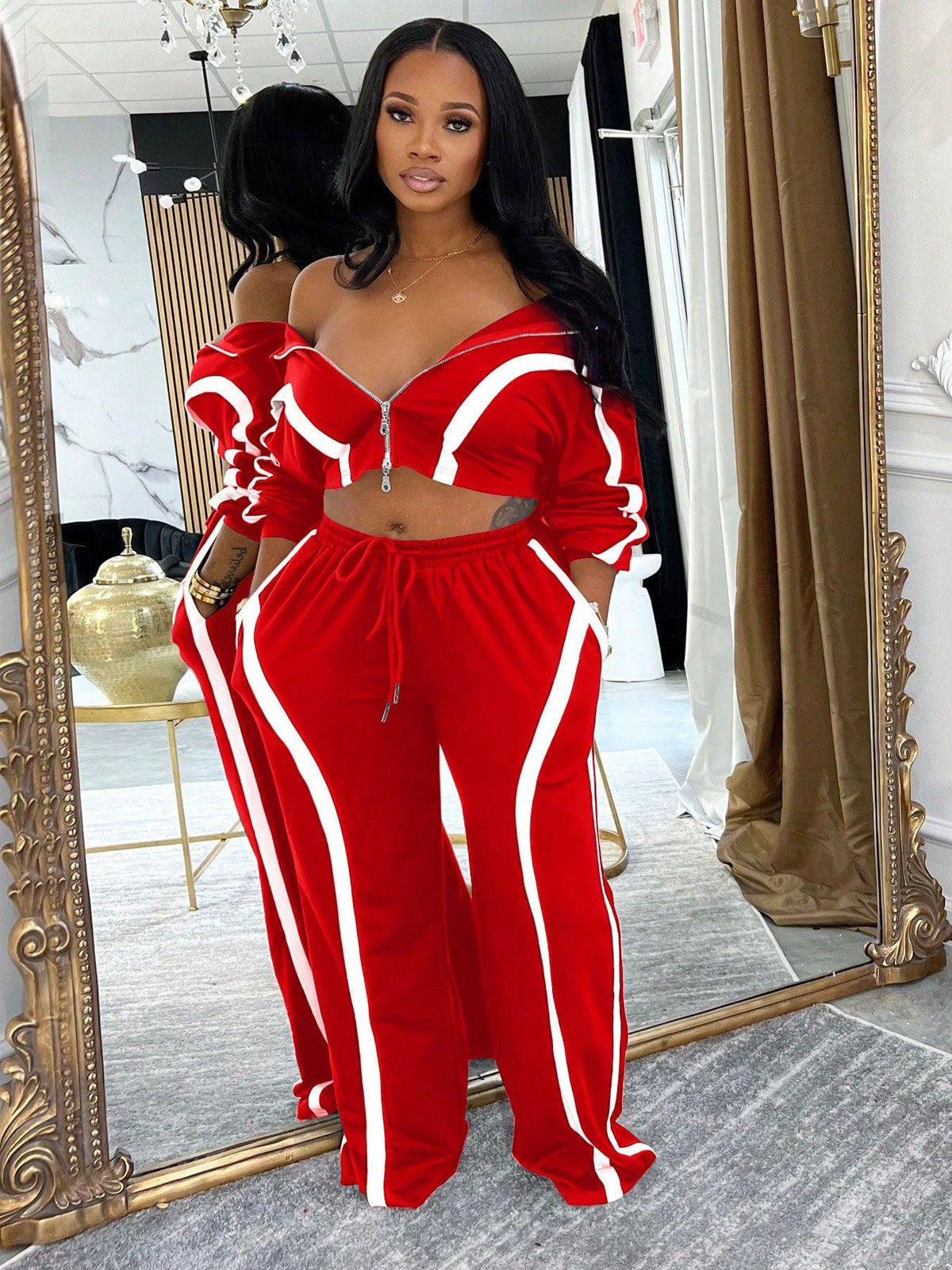 2Pcs Women's 2‑Piece Fall Fashion Tracksuit Set, Fitted Zip‑Up Long Sleeve Cropped Top Jacket & Matching Pants,Studio-To-Street Performance Outerwear