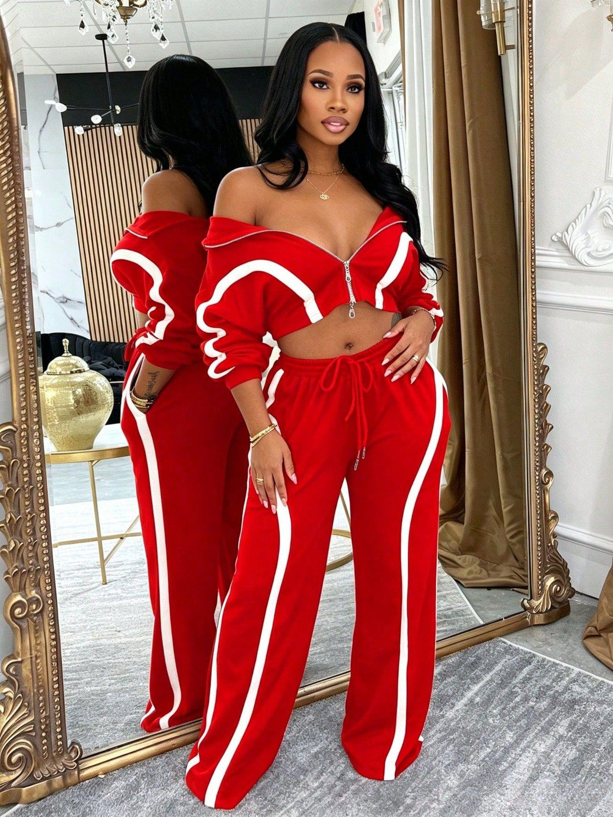 2Pcs Women's 2‑Piece Fall Fashion Tracksuit Set, Fitted Zip‑Up Long Sleeve Cropped Top Jacket & Matching Pants,Studio-To-Street Performance Outerwear