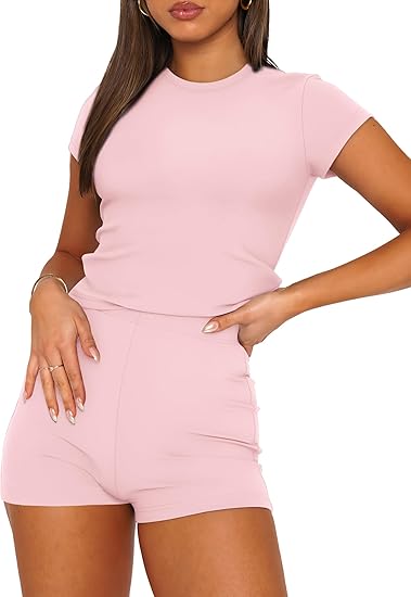 Women's Solid High Stretch Short Sleeve Top & Shorts 2 Piece Set for Yoga, Workout & Outdoor Activities