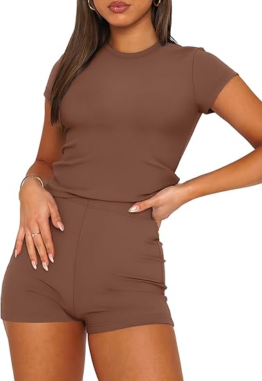 Women's Solid High Stretch Short Sleeve Top & Shorts 2 Piece Set for Yoga, Workout & Outdoor Activities