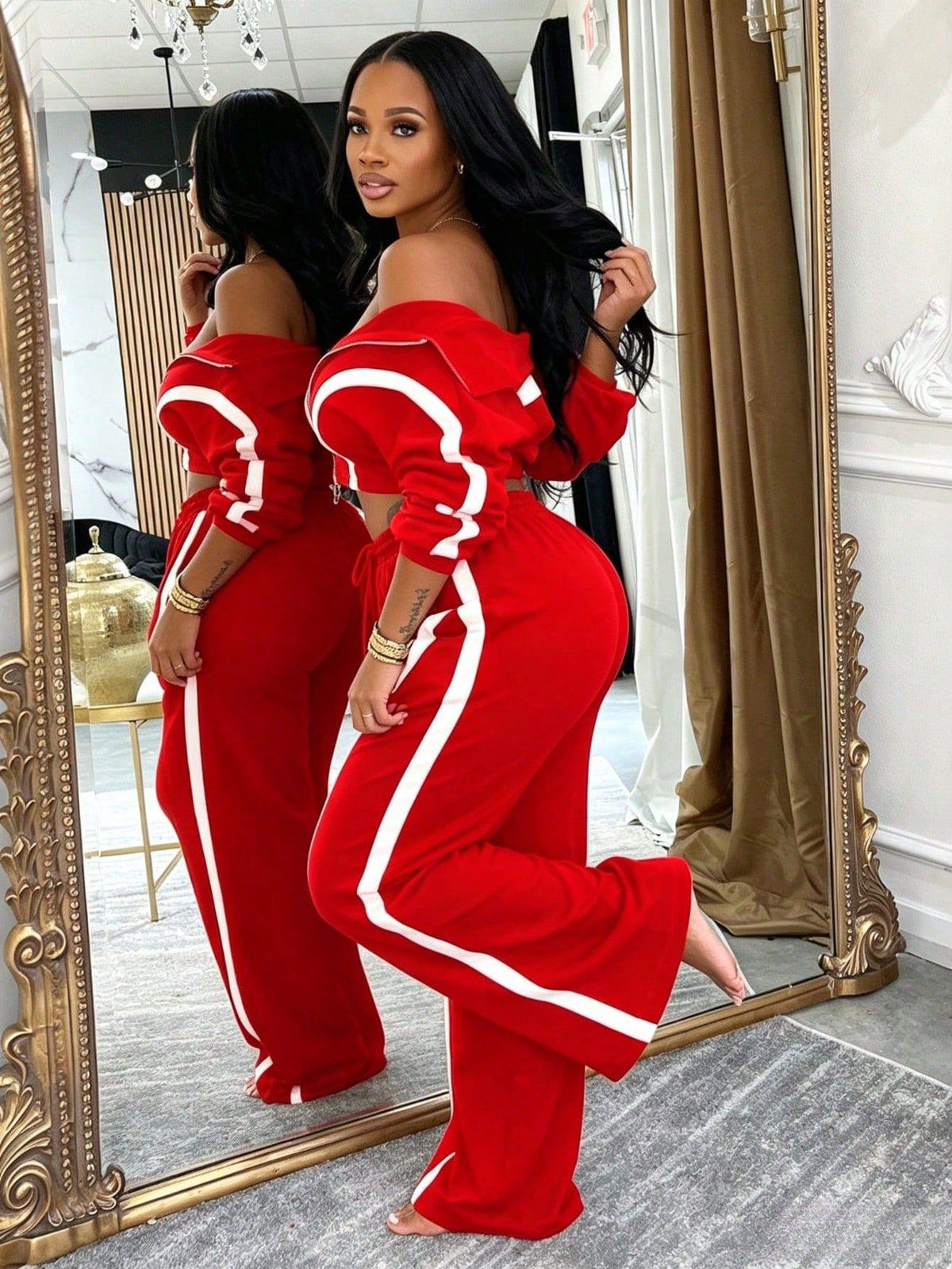 2Pcs Women's 2‑Piece Fall Fashion Tracksuit Set, Fitted Zip‑Up Long Sleeve Cropped Top Jacket & Matching Pants,Studio-To-Street Performance Outerwear