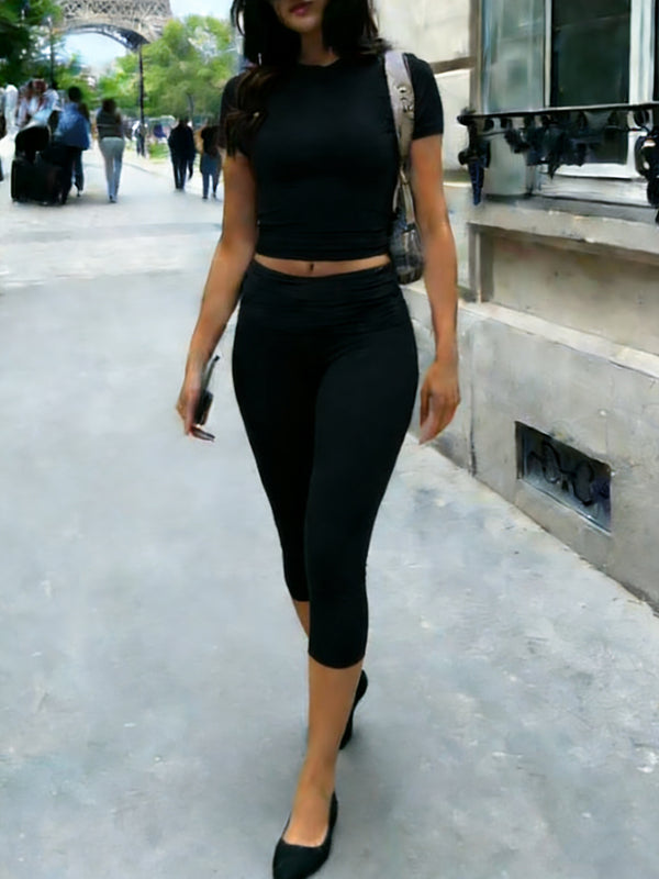 Women's Fitted Short Sleeve T Shirt & Ruched Cropped Pants 2 Piece Set Casual Athleisure Lounge Travel Daily Workout Activewear Outfit