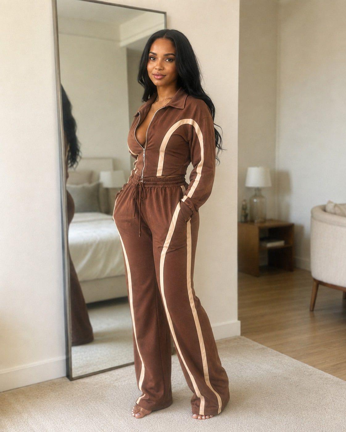 2Pcs Women's 2‑Piece Fall Fashion Tracksuit Set, Fitted Zip‑Up Long Sleeve Cropped Top Jacket & Matching Pants,Studio-To-Street Performance Outerwear