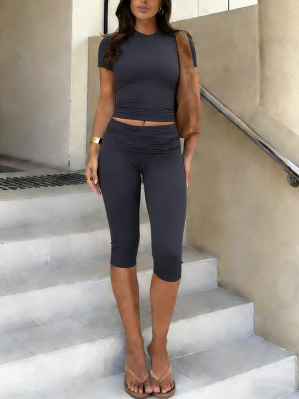 Women's Fitted Short Sleeve T Shirt & Ruched Cropped Pants 2 Piece Set Casual Athleisure Lounge Travel Daily Workout Activewear Outfit