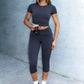 Women's Fitted Short Sleeve T Shirt & Ruched Cropped Pants 2 Piece Set Casual Athleisure Lounge Travel Daily Workout Activewear Outfit