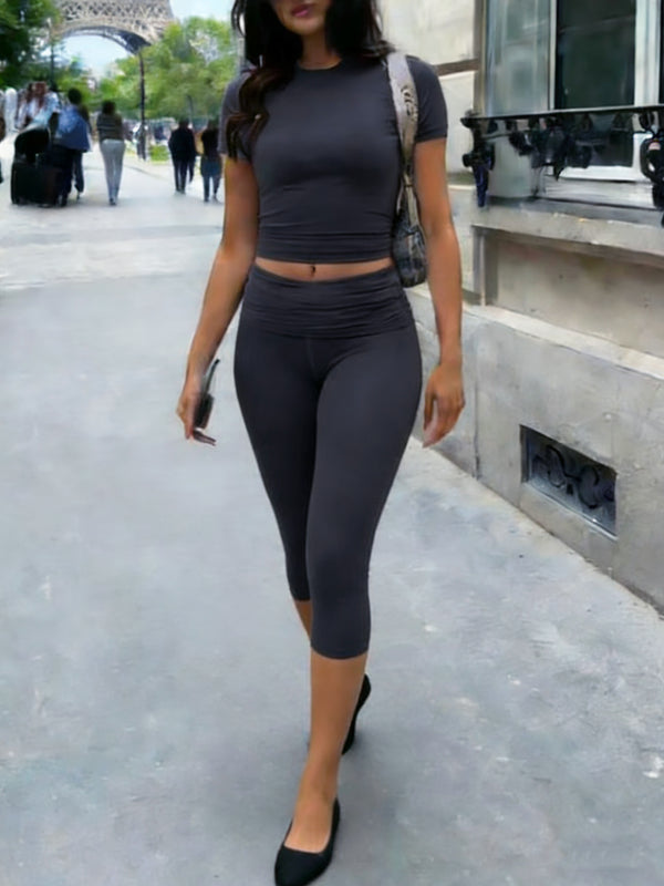 Women's Fitted Short Sleeve T Shirt & Ruched Cropped Pants 2 Piece Set Casual Athleisure Lounge Travel Daily Workout Activewear Outfit