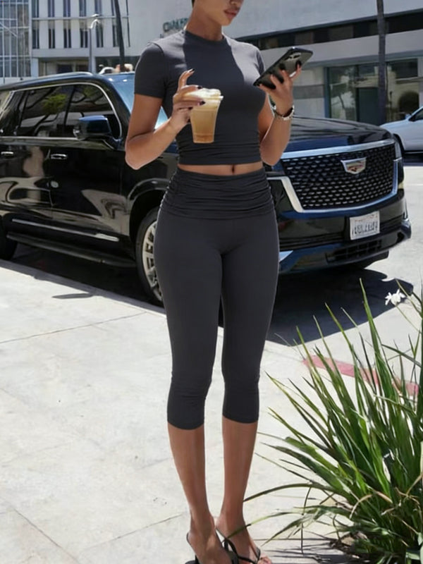 Women's Fitted Short Sleeve T Shirt & Ruched Cropped Pants 2 Piece Set Casual Athleisure Lounge Travel Daily Workout Activewear Outfit