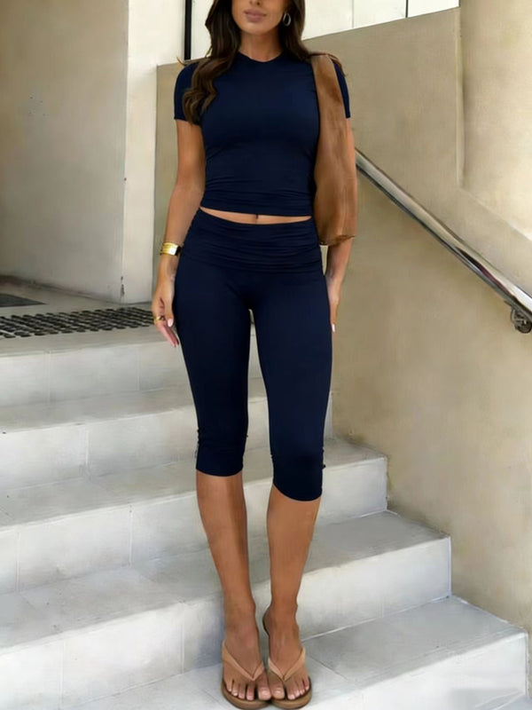 Women's Fitted Short Sleeve T Shirt & Ruched Cropped Pants 2 Piece Set Casual Athleisure Lounge Travel Daily Workout Activewear Outfit