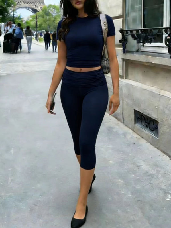 Women's Fitted Short Sleeve T Shirt & Ruched Cropped Pants 2 Piece Set Casual Athleisure Lounge Travel Daily Workout Activewear Outfit