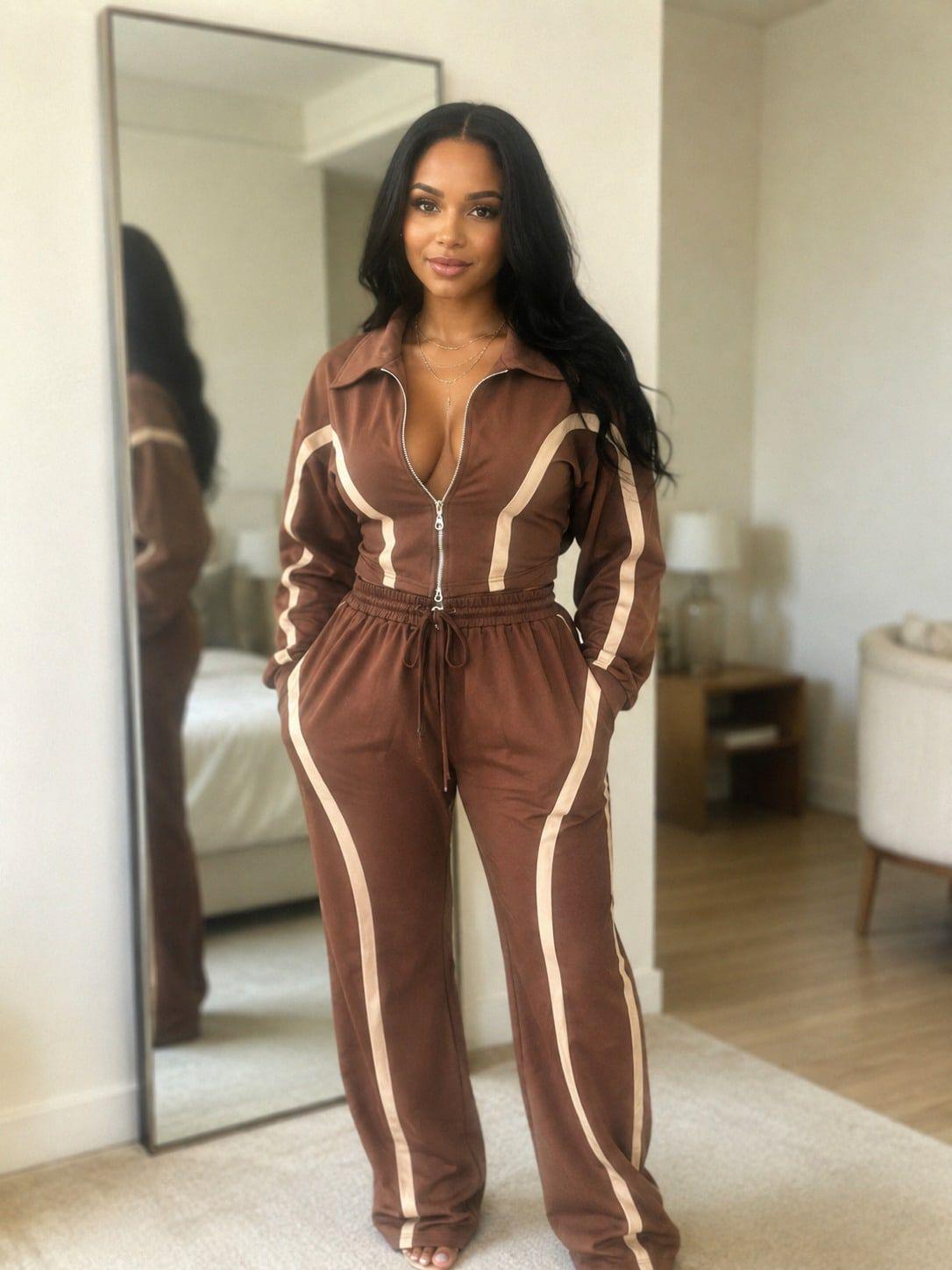 2Pcs Women's 2‑Piece Fall Fashion Tracksuit Set, Fitted Zip‑Up Long Sleeve Cropped Top Jacket & Matching Pants,Studio-To-Street Performance Outerwear