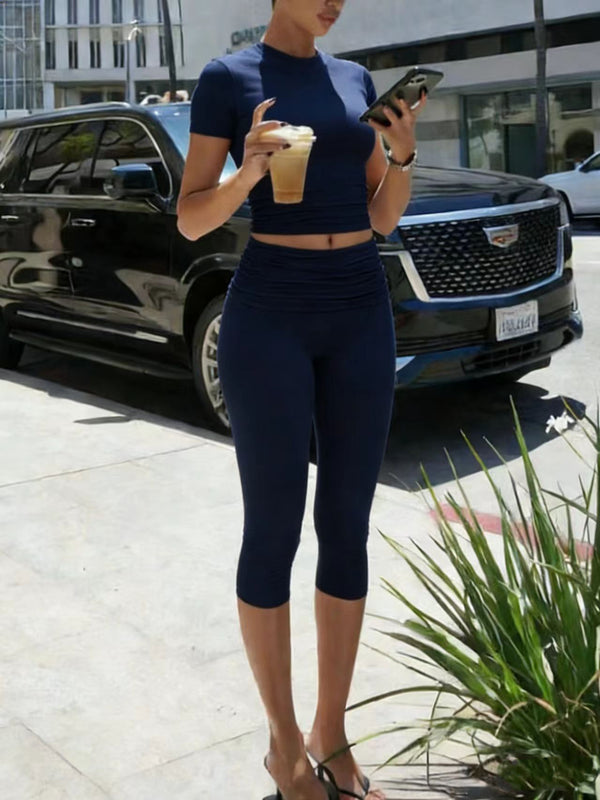 Women's Fitted Short Sleeve T Shirt & Ruched Cropped Pants 2 Piece Set Casual Athleisure Lounge Travel Daily Workout Activewear Outfit