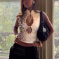 Fashion Stand Collar Printed Hollow Knotted Crop Top, Sleeveless Slim Hot Girl Style. Cutout Twist Detail, Ideal For Dating, Travel Daily Streetwear.