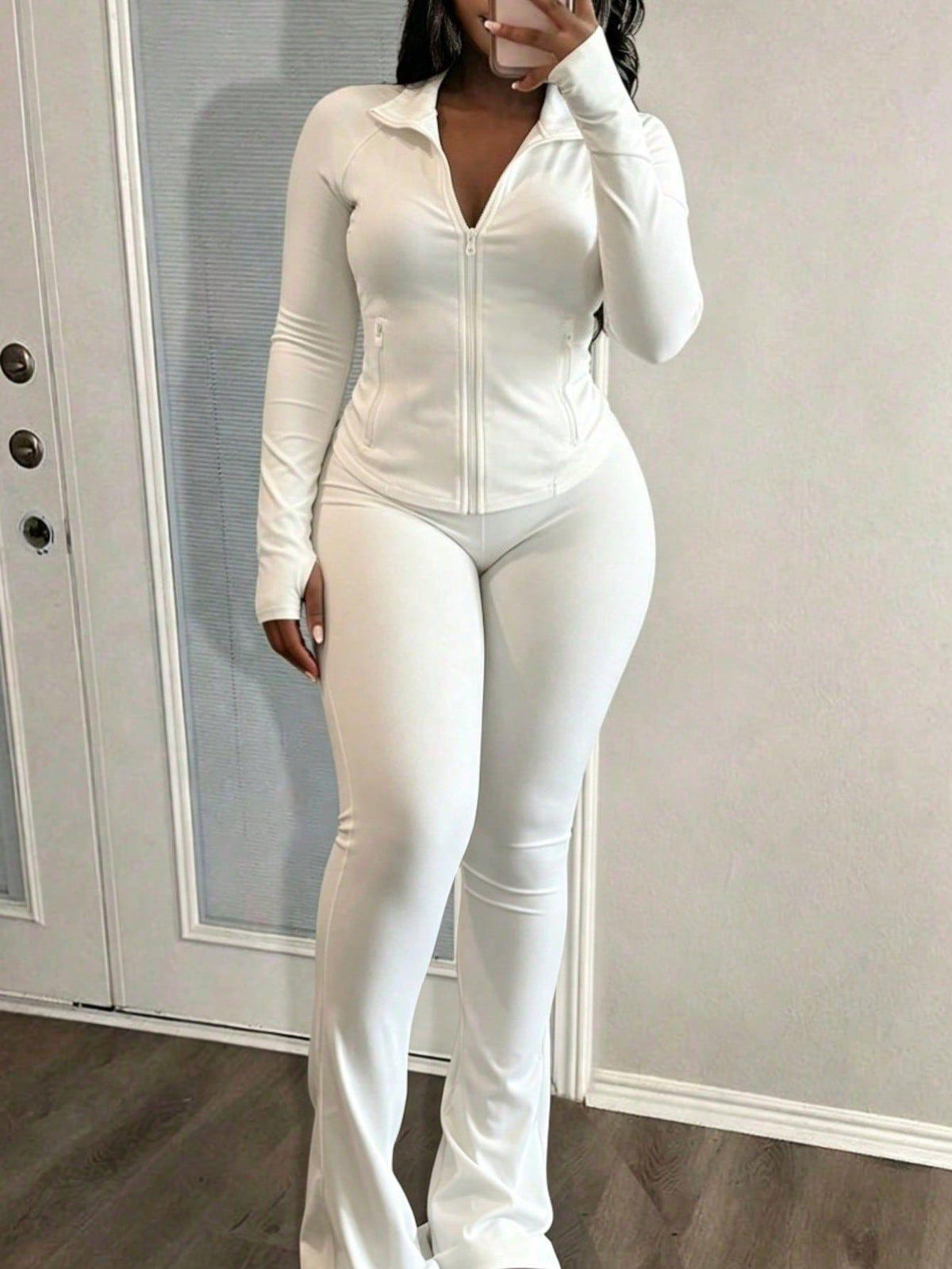 2PCS Women's Light Gray Casual Stand Collar Long Sleeve Solid Color Zip-Up Fitted Top And Yoga Pants Set, Fall Outfit Elegant, Daily Wear, Gym, Yoga