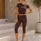 Women's Fitted Short Sleeve T Shirt & Ruched Cropped Pants 2 Piece Set Casual Athleisure Lounge Travel Daily Workout Activewear Outfit