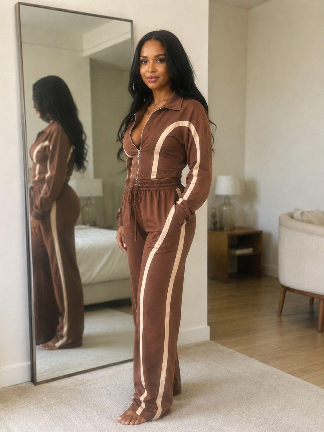 2Pcs Women's 2‑Piece Fall Fashion Tracksuit Set, Fitted Zip‑Up Long Sleeve Cropped Top Jacket & Matching Pants,Studio-To-Street Performance Outerwear
