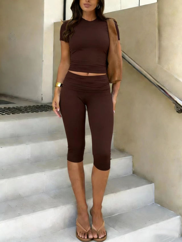 Women's Fitted Short Sleeve T Shirt & Ruched Cropped Pants 2 Piece Set Casual Athleisure Lounge Travel Daily Workout Activewear Outfit