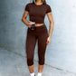 Women's Fitted Short Sleeve T Shirt & Ruched Cropped Pants 2 Piece Set Casual Athleisure Lounge Travel Daily Workout Activewear Outfit