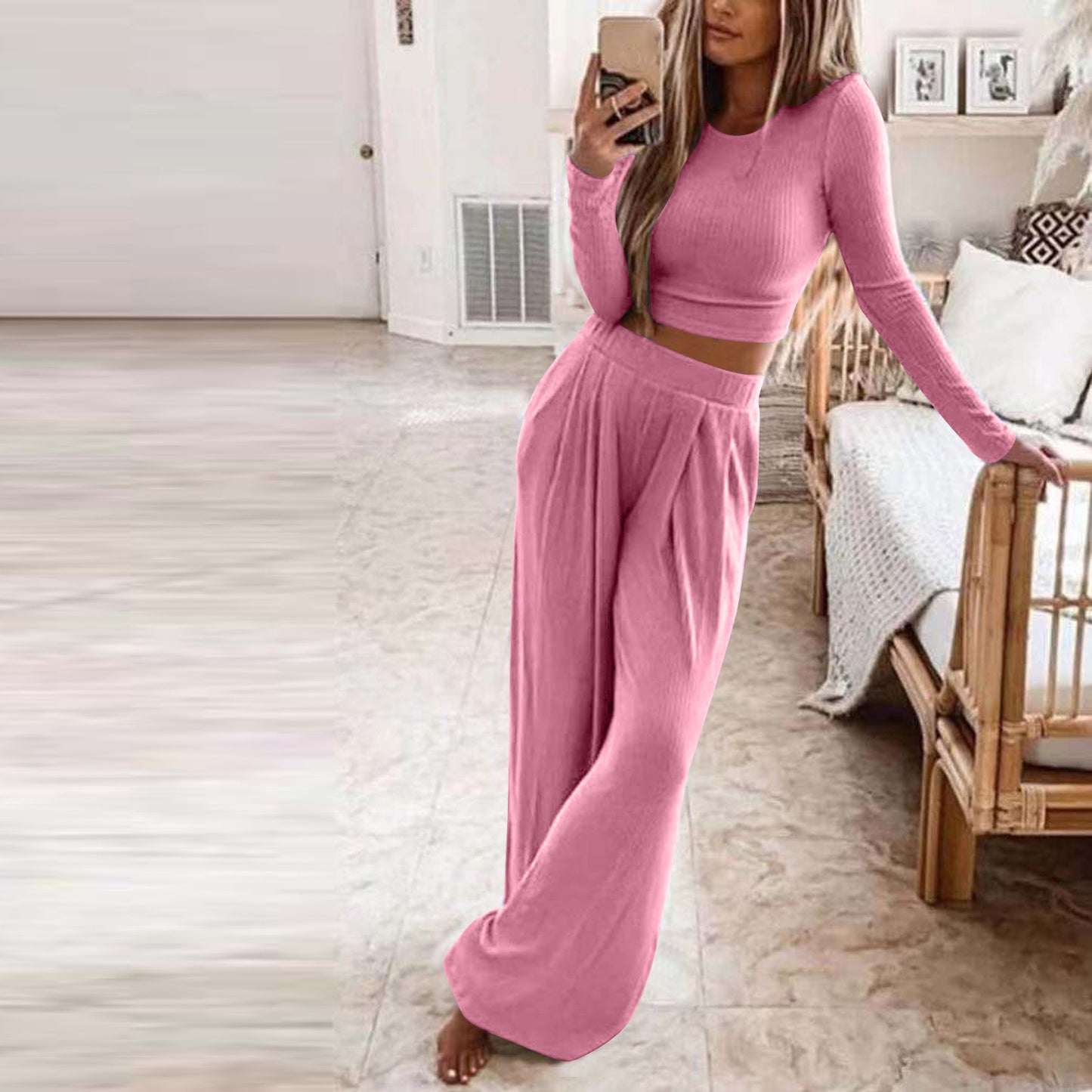 OFFBRACE Women's 2PCS Solid Color Knitted Casual Long-sleeved Long Pants Set